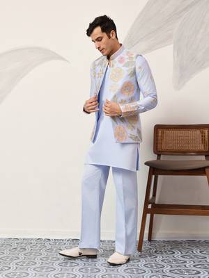 SKY BLUE SATIN SILK THEAD WITH SEQUINS EMBROIDERED WORK WEDDING FUNCTION FESTIVAL PARTY WEAR STRAIGHT KURTA PANT KOTI 7