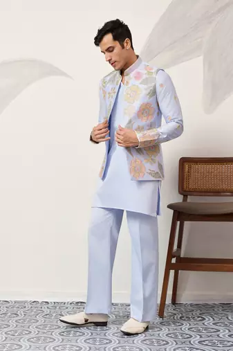 SKY BLUE SATIN SILK THEAD WITH SEQUINS EMBROIDERED WORK WEDDING FUNCTION FESTIVAL PARTY WEAR STRAIGHT KURTA PANT KOTI