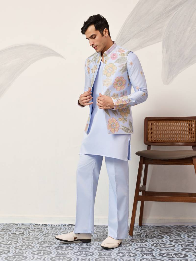 SKY BLUE SATIN SILK THEAD WITH SEQUINS EMBROIDERED WORK WEDDING FUNCTION FESTIVAL PARTY WEAR STRAIGHT KURTA PANT KOTI