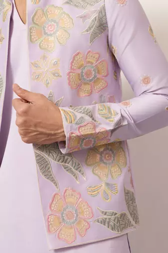 LAVENDER SATIN SILK THEAD WITH SEQUINS EMBROIDERED WORK WEDDING FUNCTION FESTIVAL PARTY WEAR STRAIGHT KURTA PANT KOTI