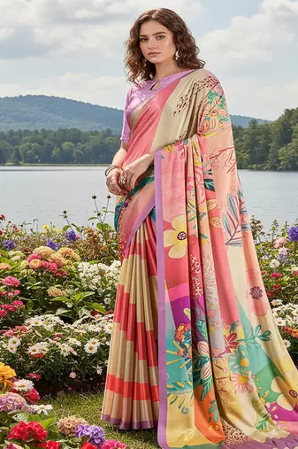 Hypnotex multicolor  printed saree with blouse
