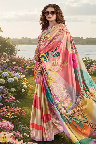 Hypnotex multicolor  printed saree with blouse