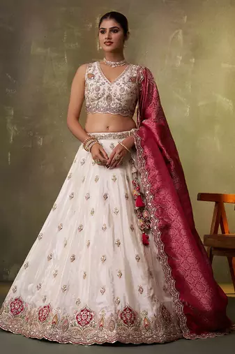 Beige tissue fabric sequins and thread embroidery semi-stitched lehenga set with blouse and dupatta