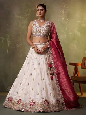 Beige tissue fabric sequins and thread embroidery semi-stitched lehenga set with blouse and dupatta 3