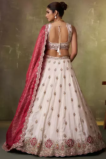 Beige tissue fabric sequins and thread embroidery semi-stitched lehenga set with blouse and dupatta