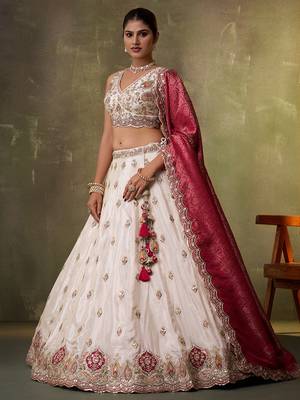 Beige tissue fabric sequins and thread embroidery semi-stitched lehenga set with blouse and dupatta 5