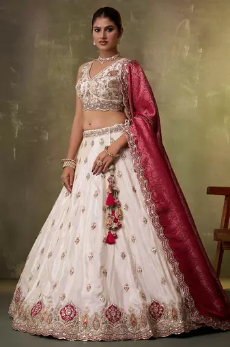 Beige tissue fabric sequins and thread embroidery semi-stitched lehenga set with blouse and dupatta
