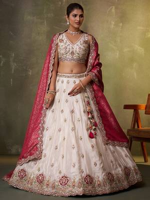 Beige tissue fabric sequins and thread embroidery semi-stitched lehenga set with blouse and dupatta 6