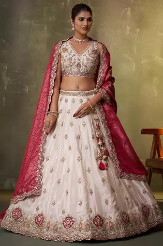Beige tissue fabric sequins and thread embroidery semi-stitched lehenga set with blouse and dupatta
