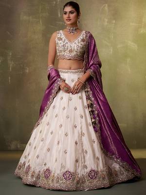 Beige tissue fabric sequins and thread embroidery semi-stitched lehenga set with blouse and pink dupatta 1
