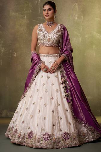 Beige tissue fabric sequins and thread embroidery semi-stitched lehenga set with blouse and pink dupatta