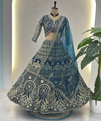 teal net sequin embroidered lehenga choli set with blouse anddupatta 2
