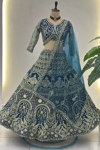 teal net sequin embroidered lehenga choli set with blouse anddupatta