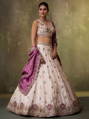 Beige tissue fabric sequins and thread embroidery semi-stitched lehenga set with blouse and pink dupatta 4