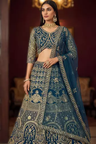 teal net sequin embroidered lehenga choli set with blouse anddupatta