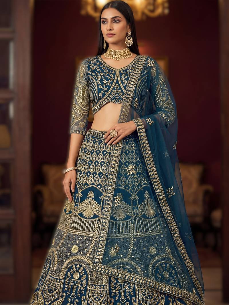 teal net sequin embroidered lehenga choli set with blouse anddupatta
