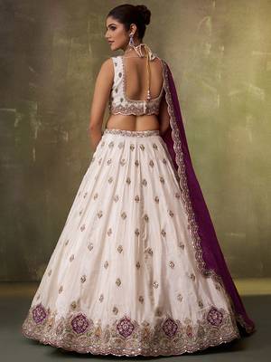 Beige tissue fabric sequins and thread embroidery semi-stitched lehenga set with blouse and pink dupatta 5