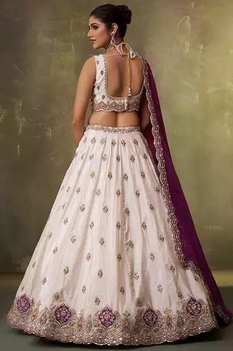 Beige tissue fabric sequins and thread embroidery semi-stitched lehenga set with blouse and pink dupatta