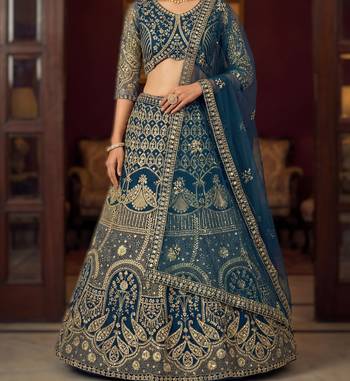 teal net sequin embroidered lehenga choli set with blouse anddupatta 3