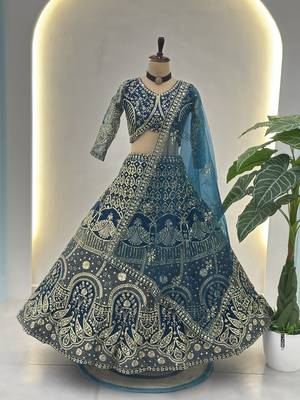 teal net sequin embroidered lehenga choli set with blouse anddupatta 4