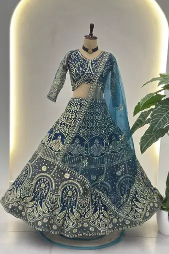 teal net sequin embroidered lehenga choli set with blouse anddupatta
