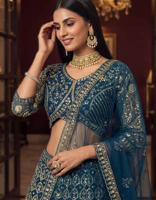 teal net sequin embroidered lehenga choli set with blouse anddupatta 5