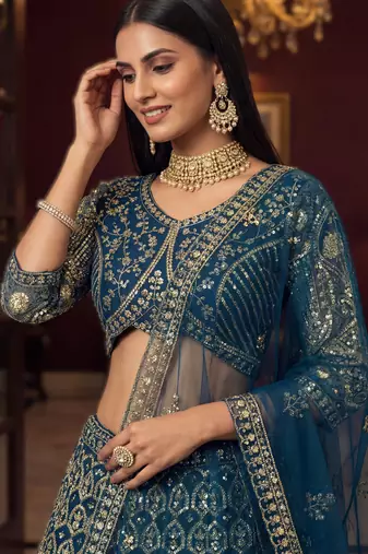 teal net sequin embroidered lehenga choli set with blouse anddupatta