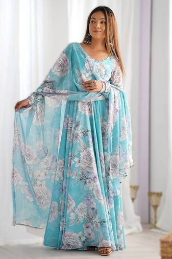 sky blue colorful floral print fox georgette anarkali gown set with dupatta