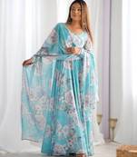 sky blue colorful floral print fox georgette anarkali gown set with dupatta