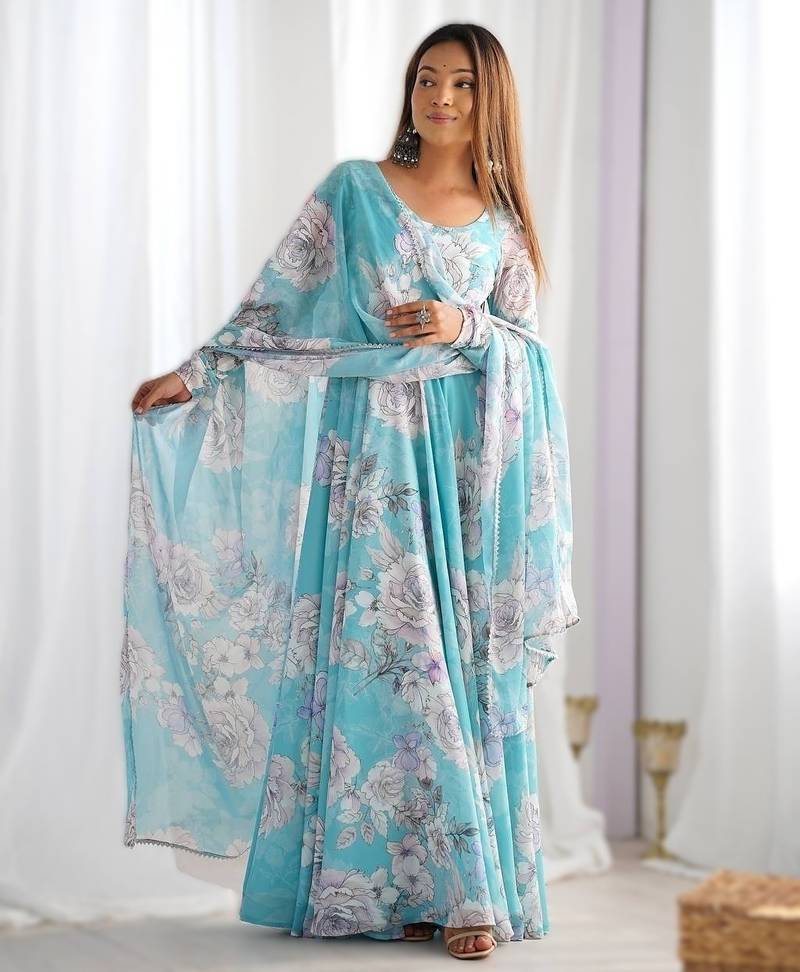 sky blue colorful floral print fox georgette anarkali gown set with dupatta