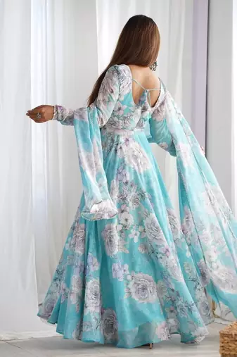 sky blue ful floral print fox georgette anarkali gown set with dupatta