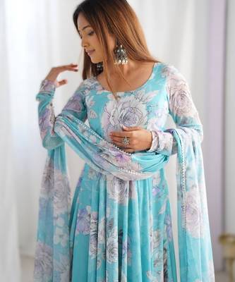 sky blue ful floral print fox georgette anarkali gown set with dupatta 3