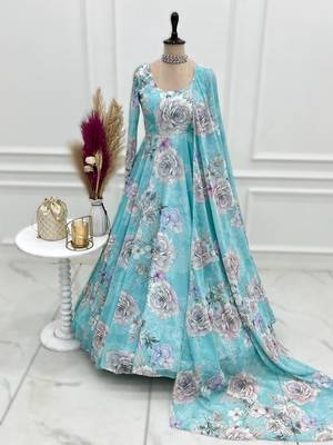 sky blue ful floral print fox georgette anarkali gown set with dupatta 4