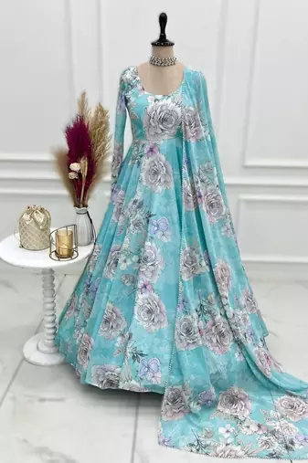 sky blue ful floral print fox georgette anarkali gown set with dupatta