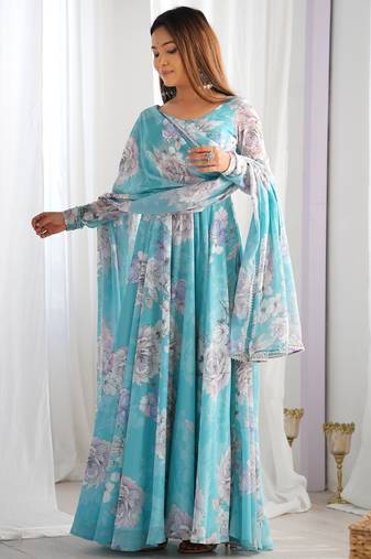 Women’s floral printed heavy fox georgette anarkali gown with matching dupatta