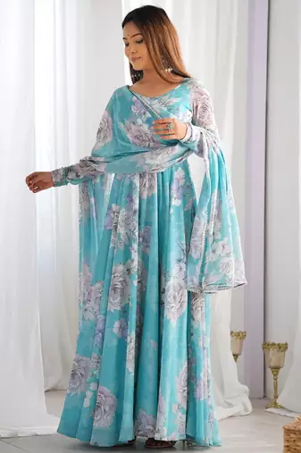 Women’s floral printed heavy fox georgette anarkali gown with matching dupatta