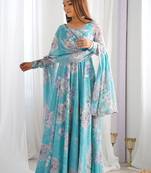 Women’s floral printed heavy fox georgette anarkali gown with matching dupatta