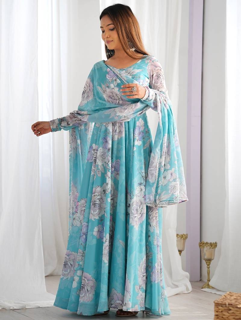 Women’s floral printed heavy fox georgette anarkali gown with matching dupatta