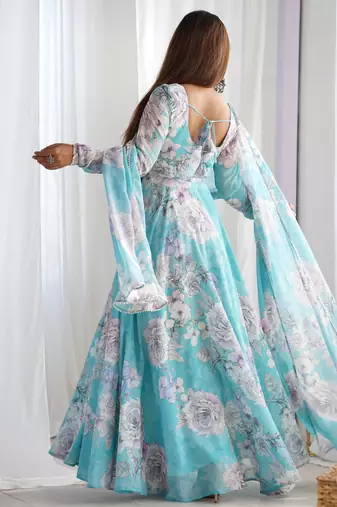Women’s floral printed heavy fox georgette anarkali gown with matching dupatta