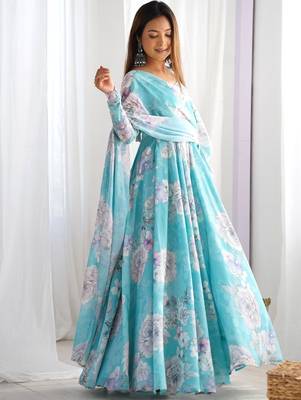 Women’s floral printed heavy fox georgette anarkali gown with matching dupatta 3