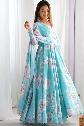Women’s floral printed heavy fox georgette anarkali gown with matching dupatta