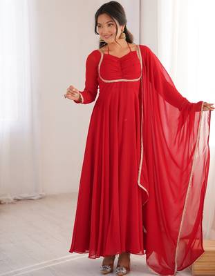 Elegant red fox blooming georgette flared anarkali gown with dupatta 1