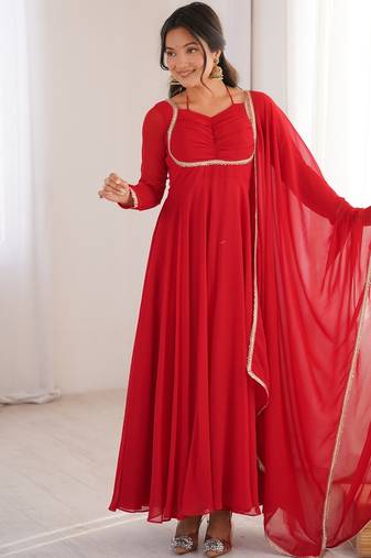 Elegant red fox blooming georgette flared anarkali gown with dupatta