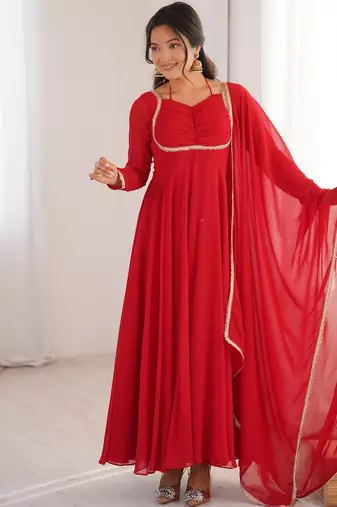 Elegant red fox blooming georgette flared anarkali gown with dupatta