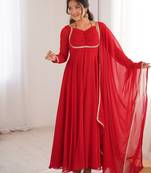 Elegant red fox blooming georgette flared anarkali gown with dupatta