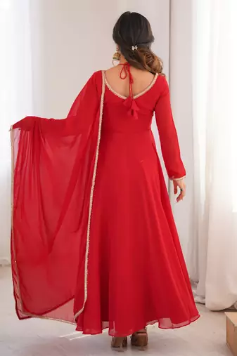 Elegant red fox blooming georgette flared anarkali gown with dupatta