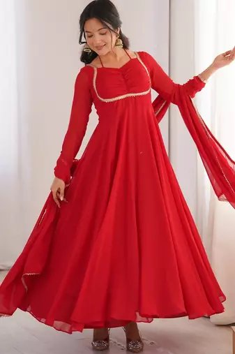 Elegant red fox blooming georgette flared anarkali gown with dupatta