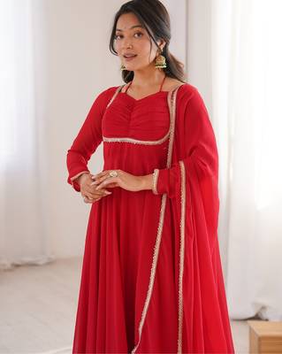 Elegant red fox blooming georgette flared anarkali gown with dupatta 4