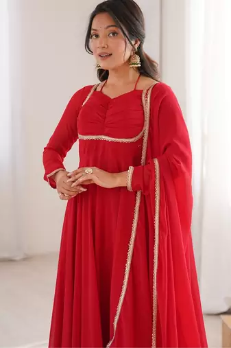 Elegant red fox blooming georgette flared anarkali gown with dupatta