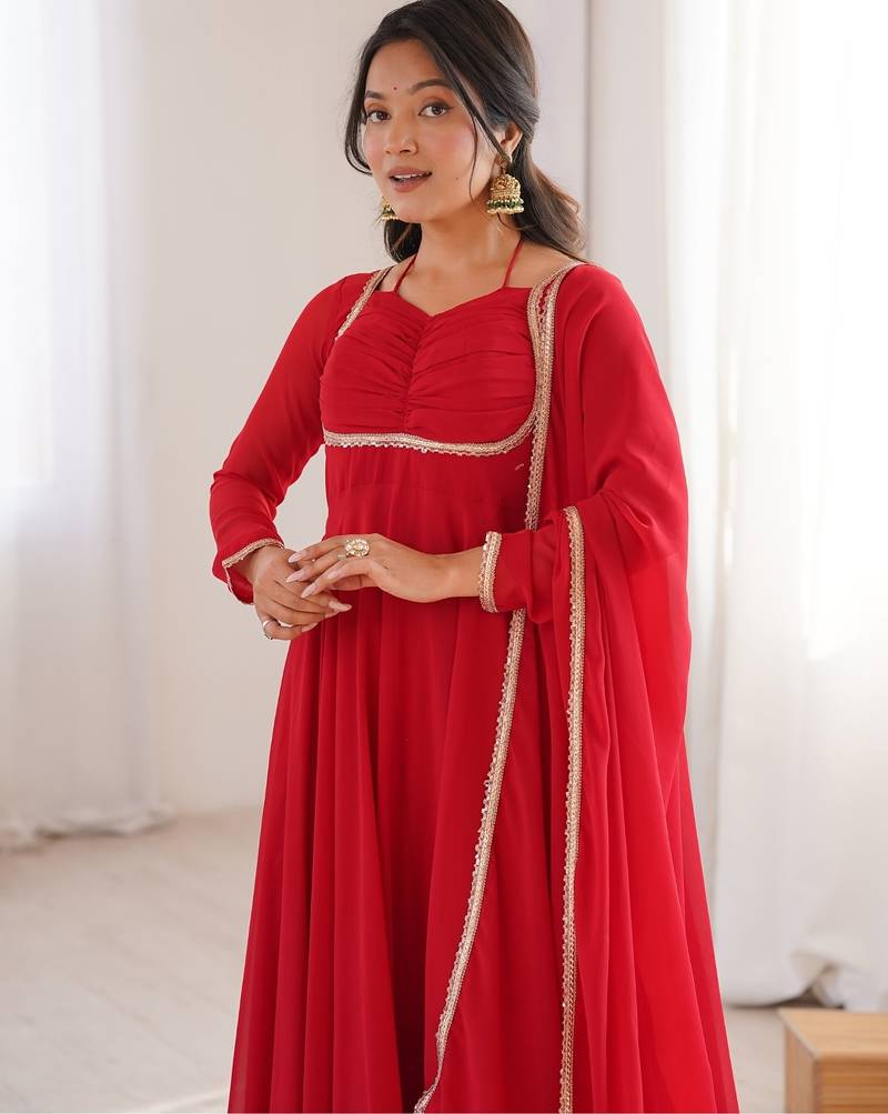 Elegant red fox blooming georgette flared anarkali gown with dupatta